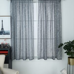 Alternative view of ORIENTAL BIRD Voile Curtain Panel Slot Top Header SILVER
