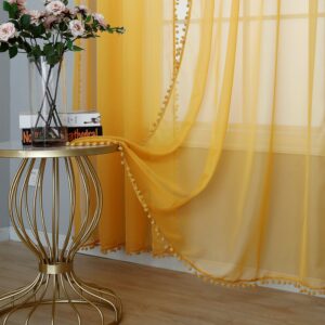 Mustard Pom Pom Slot Top Children's Voile Panels 48" (122cm) Drop