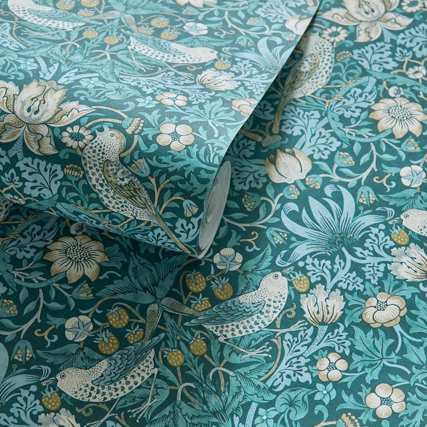 William Morris Strawberry Thief Wallpaper - Teal