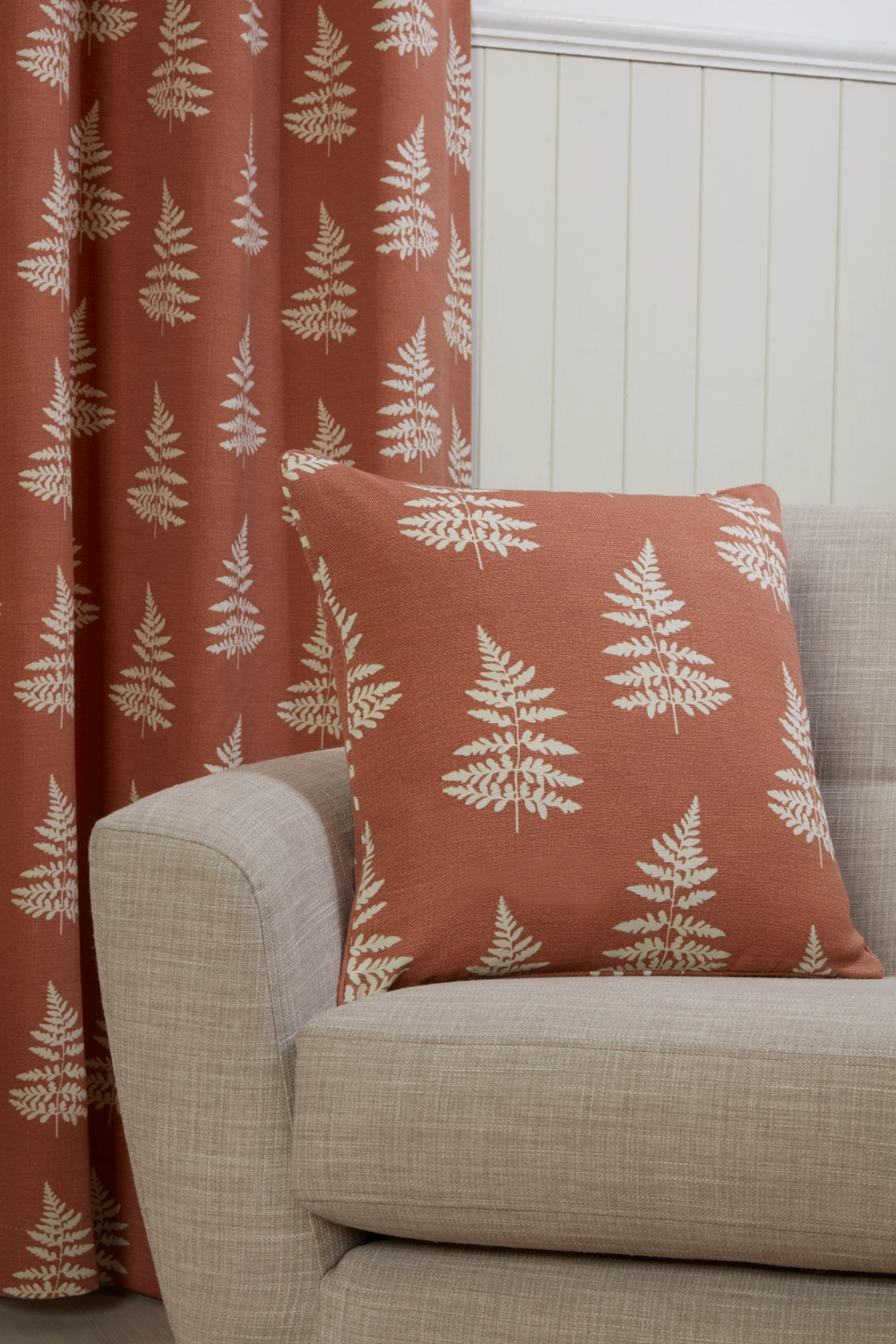 Asher Fern Leaf Design Eyelet Header Lined Curtains - Terracotta - Image 4