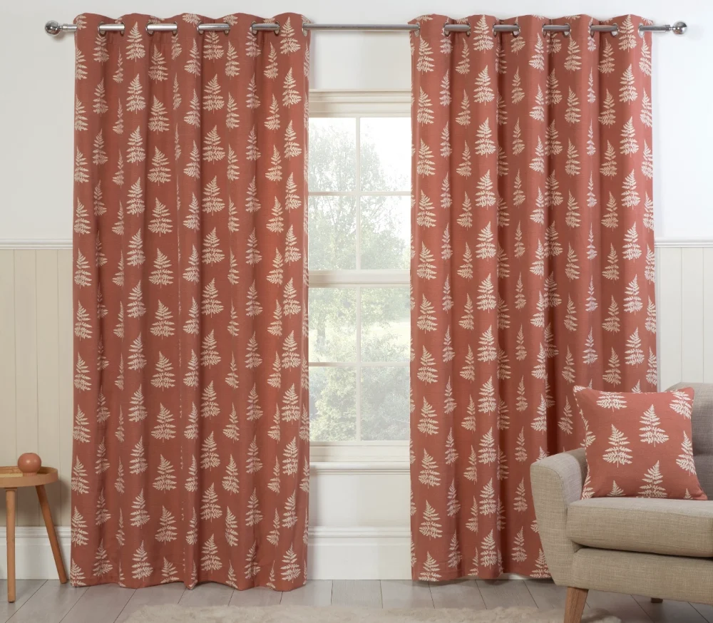 Asher Fern Leaf Design Eyelet Header Lined Curtains - Terracotta