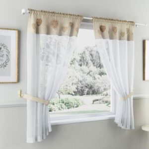 Cupid Heart Embroidered Window Set with Matching Tie Backs In Natural