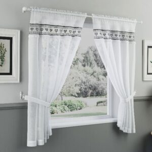 Laurissa Love Heart Embroidered Window Set with Matching Tie Backs - Black and White