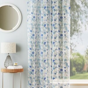 Alternative view of Mia Floral Voile Slot Top Curtain Panels - Blue