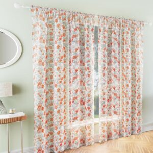 Mia Floral Voile Slot Top Curtain Panels - Orange
