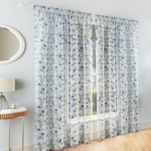 Mia Floral Voile Slot Top Curtain Panels - Blue