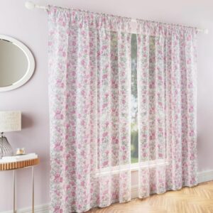 Mia Floral Voile Slot Top Curtain Panels - Pink