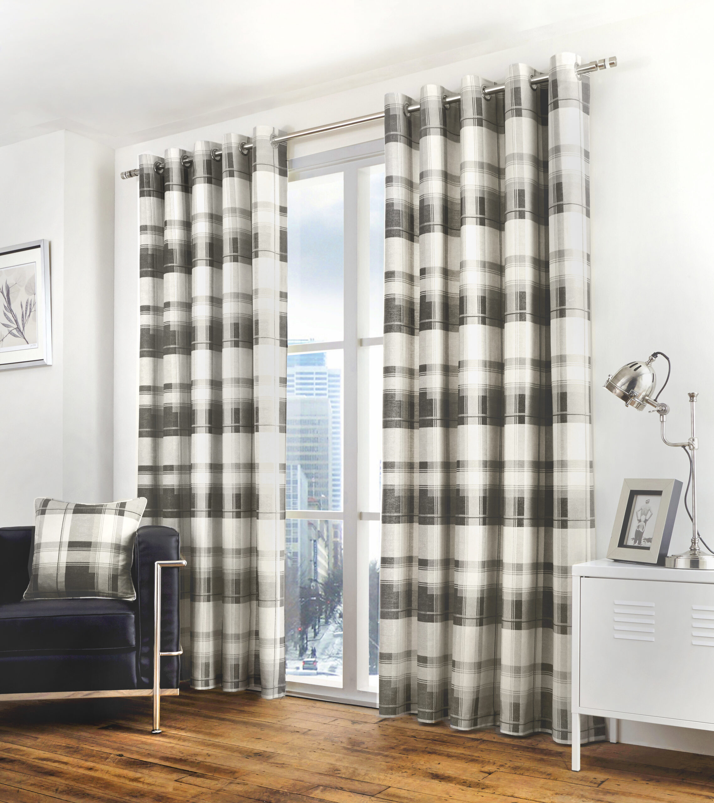 Edinburgh Tartan Eyelet Curtains - Slate