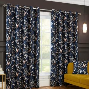 Maria Printed Floral Leaf Eyelet Header Blackout Lined Curtains - Navy