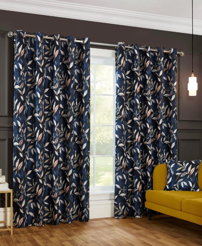 Maria Printed Floral Leaf Eyelet Header Blackout Lined Curtains - Navy