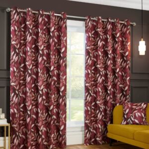 Maria Printed Floral Leaf Eyelet Header Blackout Lined Curtains - Wine
