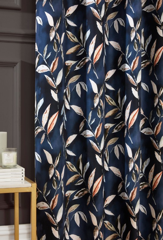 Maria Printed Floral Leaf Eyelet Header Blackout Lined Curtains - Navy - Image 3