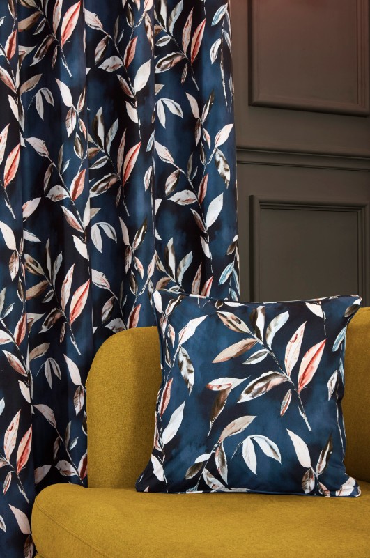 Maria Printed Floral Leaf Eyelet Header Blackout Lined Curtains - Navy - Image 5