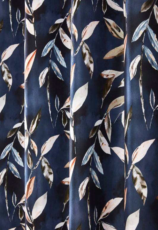 Maria Printed Floral Leaf Eyelet Header Blackout Lined Curtains - Navy - Image 4