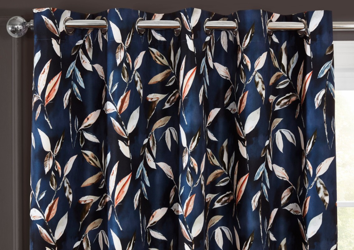 Maria Printed Floral Leaf Eyelet Header Blackout Lined Curtains - Navy - Image 2