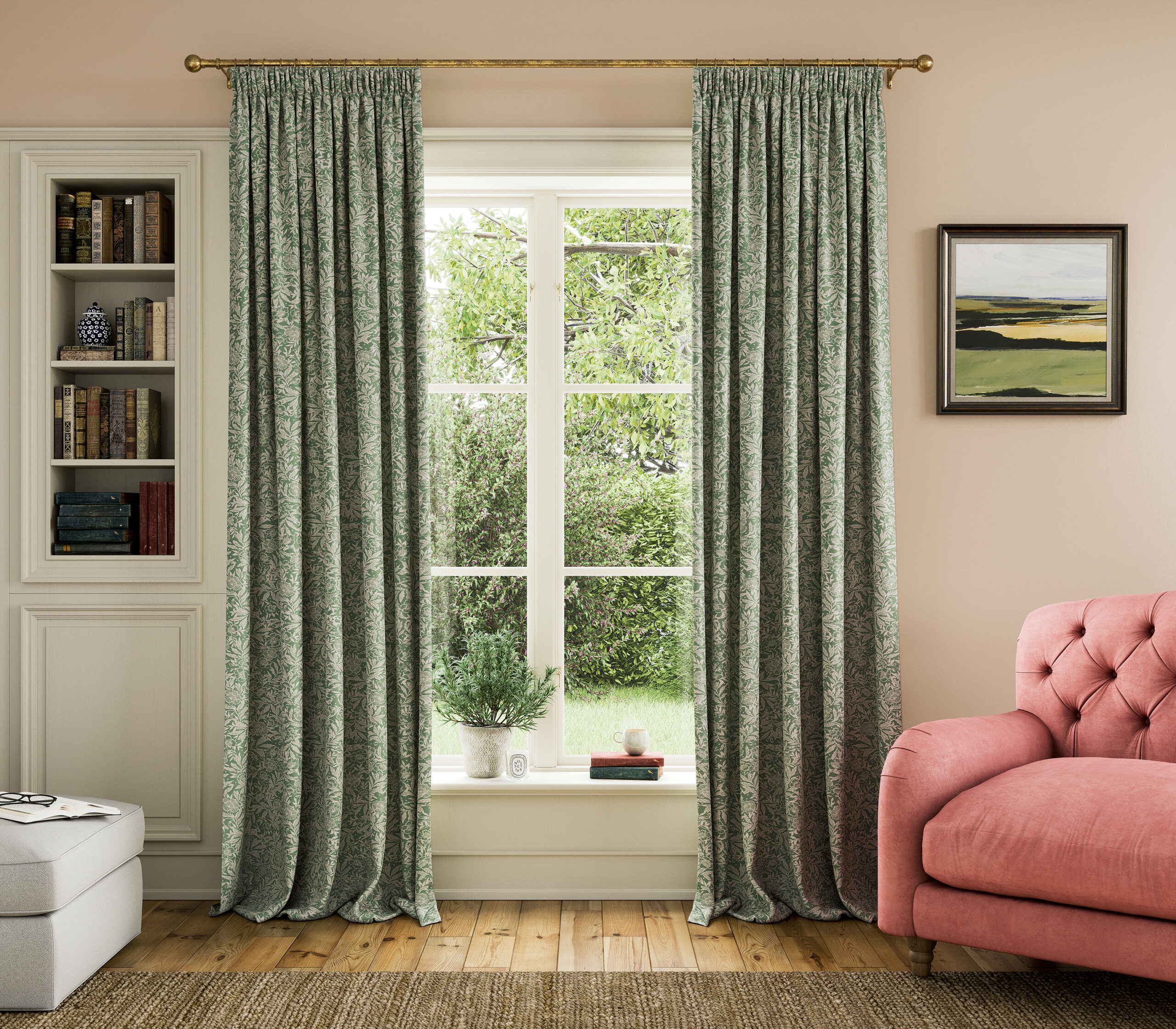 Joules Twilight Ditsy Pencil Pleat Lined 100% Cotton Slub Curtains - Green