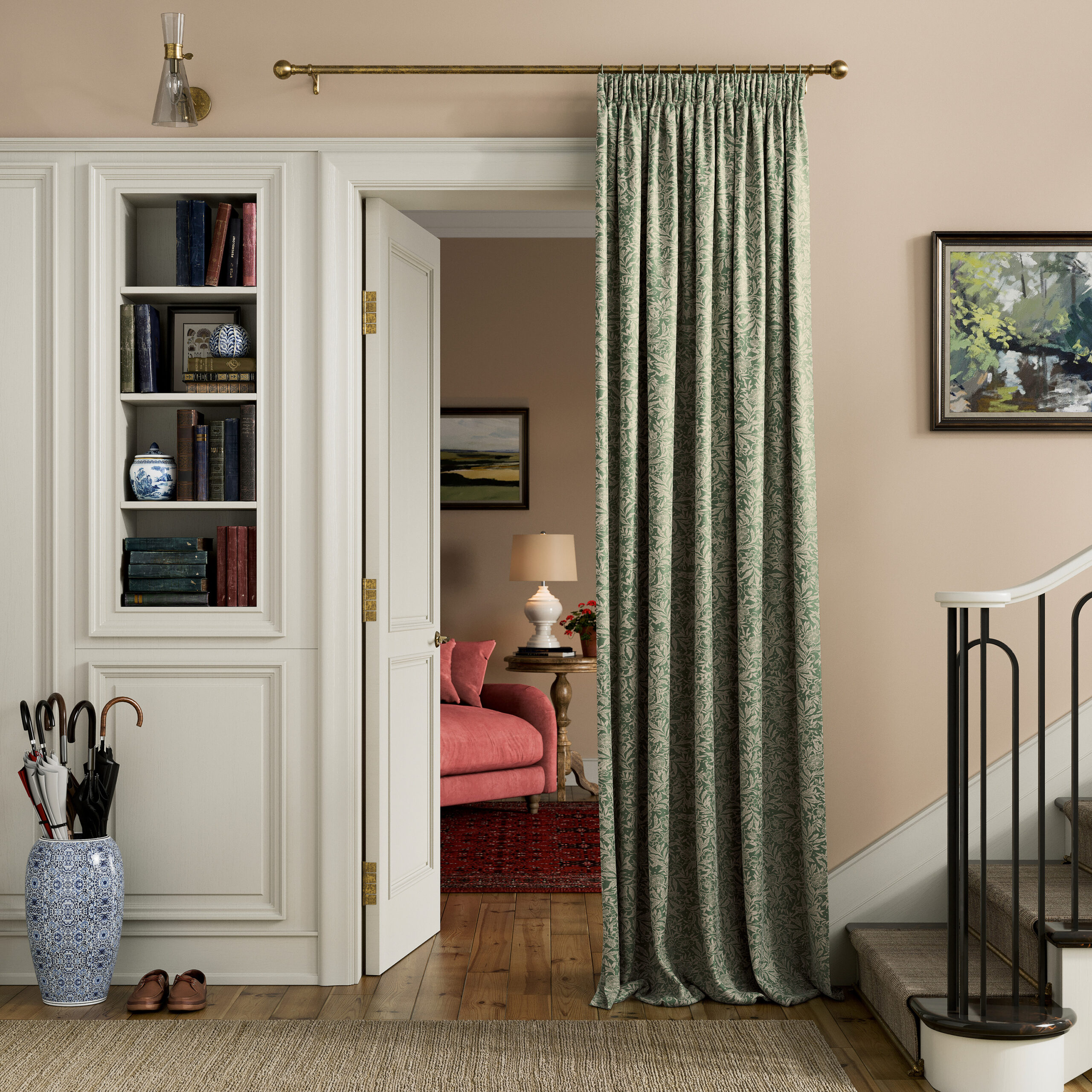 Joules Twilight Ditsy Pencil Pleat Lined 100% Cotton Slub Curtains - Green - Image 2