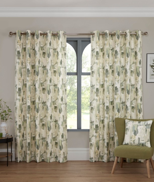 Bambi Contemporary Abstract Eyelet Header Lined Curtains - Fennel