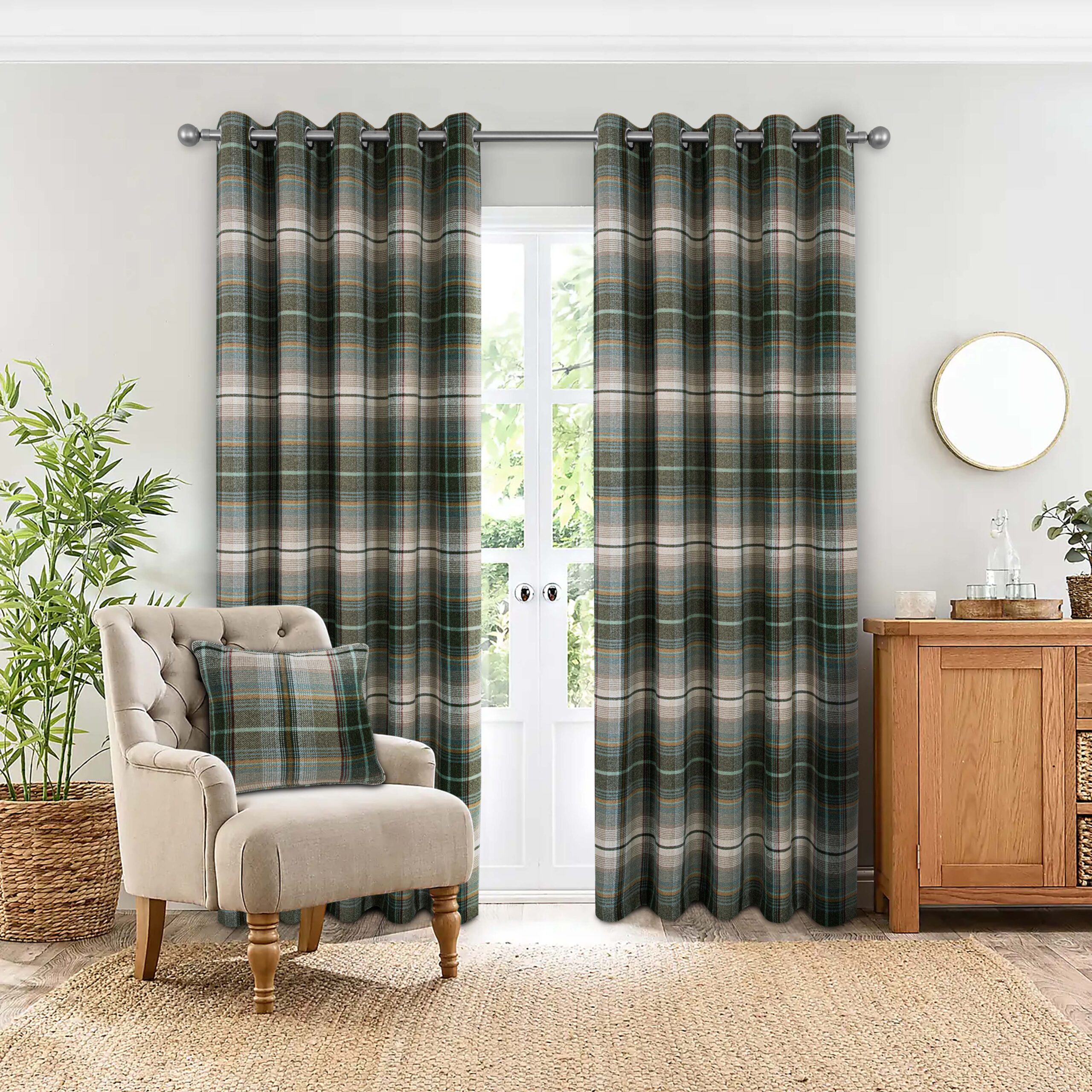 Glasgow Tartan Check Thermal Blackout Eyelet Header Lined Curtains - Green