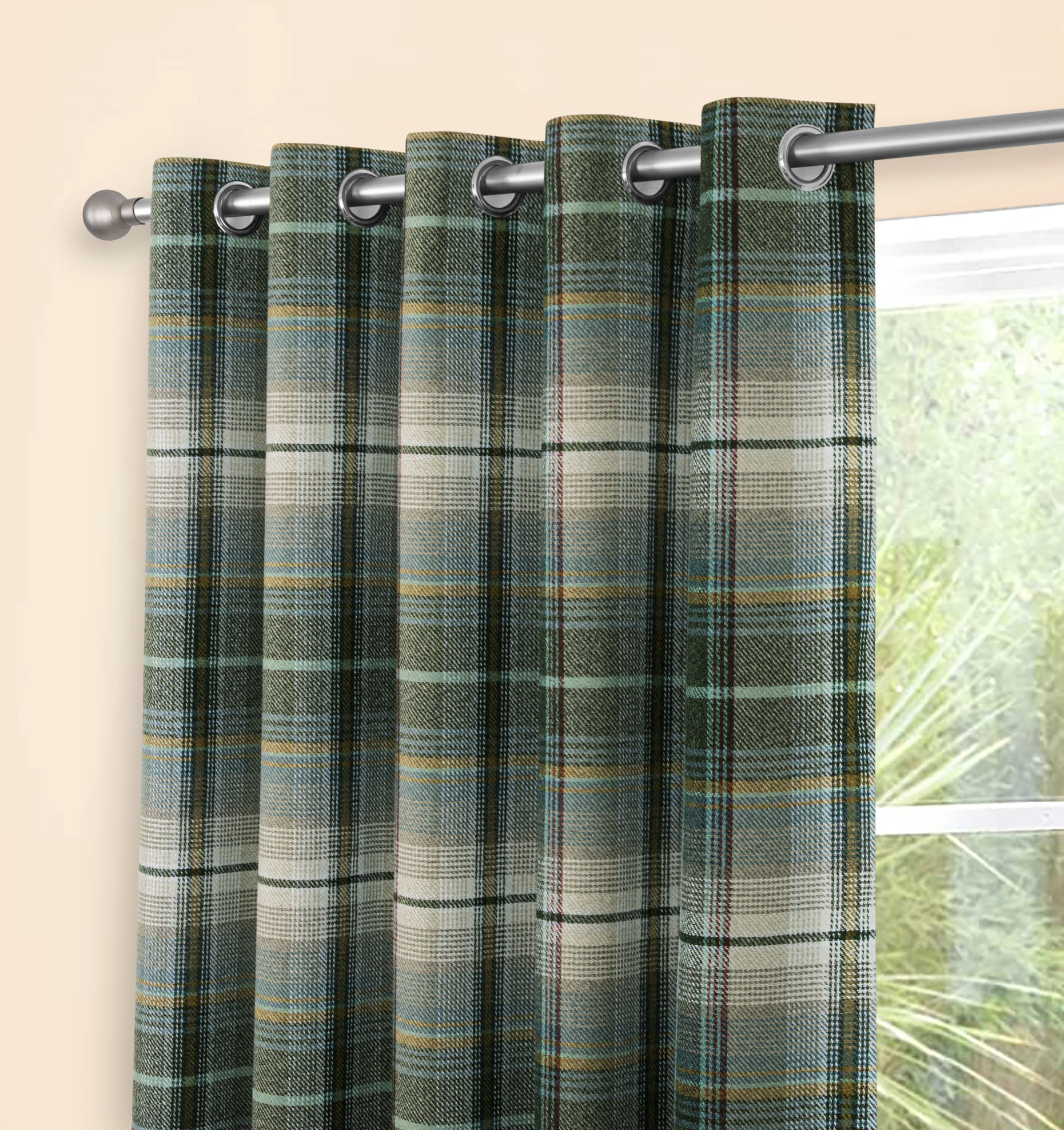 Glasgow Tartan Check Thermal Blackout Eyelet Header Lined Curtains - Green - Image 5