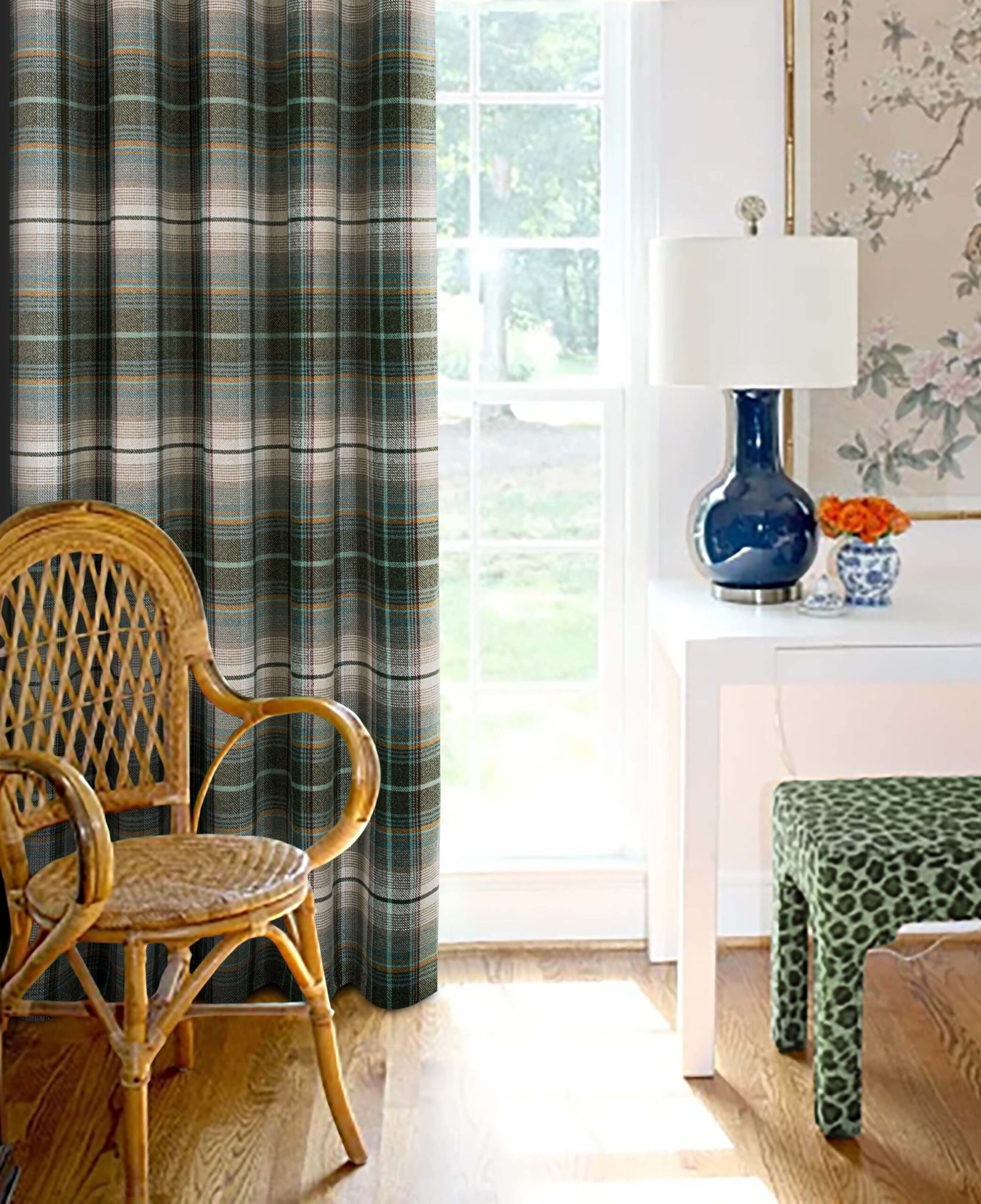 Glasgow Tartan Check Thermal Blackout Eyelet Header Lined Curtains - Green - Image 2