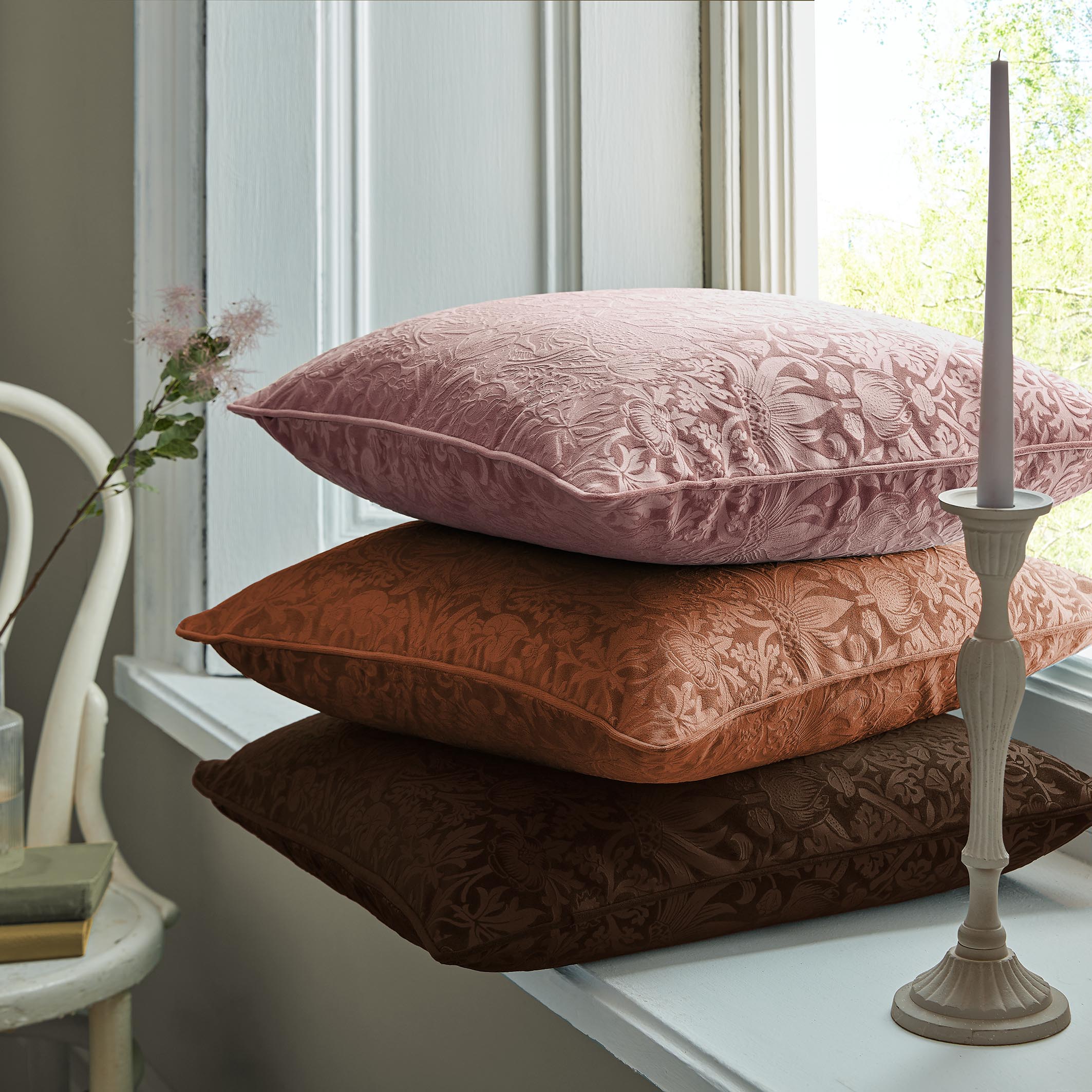 William Morris At Home Strawberry Thief Embossed Filled Cushion 50x50cm - Tea Rose - Image 2