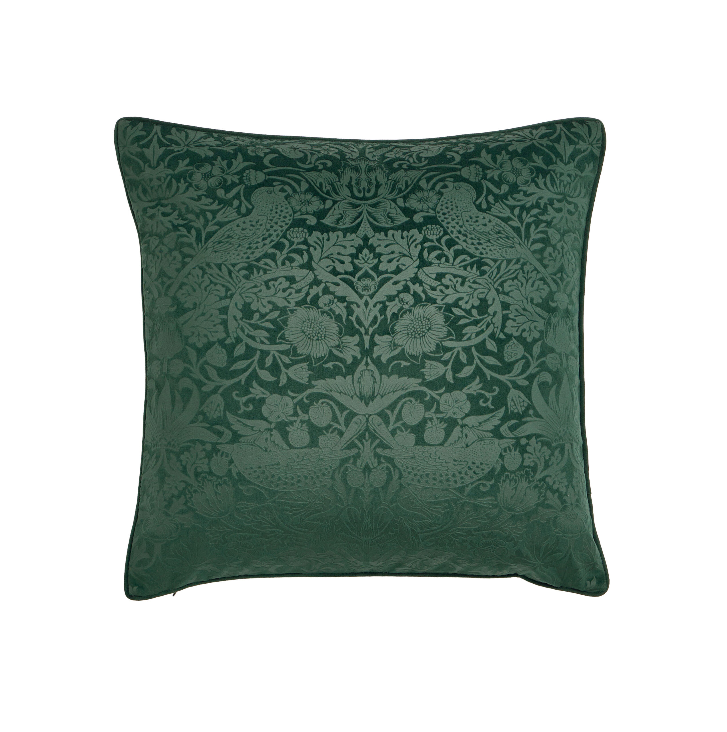 William Morris At Home Strawberry Thief Embossed Filled Cushion 50x50cm - Forest Green