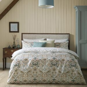 William Morris At Home Strawberry Thief 100% Cotton Sateen Duvet Cover Set - Hessian