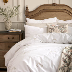 Historic Royal Palaces Bow Embroidery 100% Cotton Duvet Cover Set - White Natural