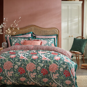 William Morris At Home Cray 100% Cotton Duvet Cover Set - Forest Green Cranberry