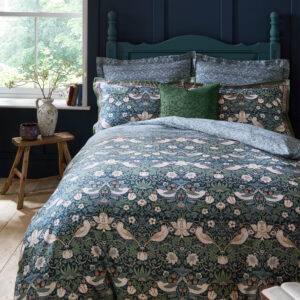 William Morris At Home Midnight Strawberry Thief 100% Cotton Duvet Cover Set - Prussian Blue