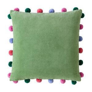Bluebellgray Pom Pom Microfibre Filled 100% Cotton Velvet Cushion 45 x 45cm - Verdigris Green