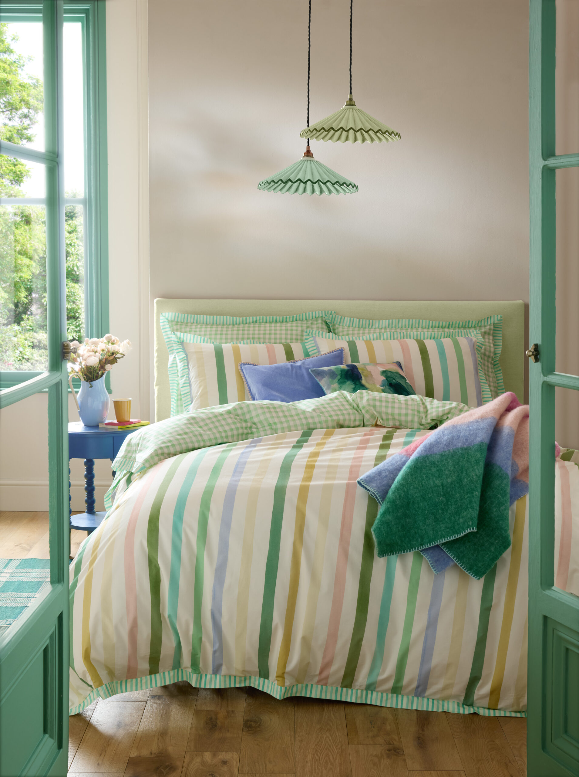 Bluebellgray Sunday Stripe 100% Cotton Duvet Cover Set - Botanical Green