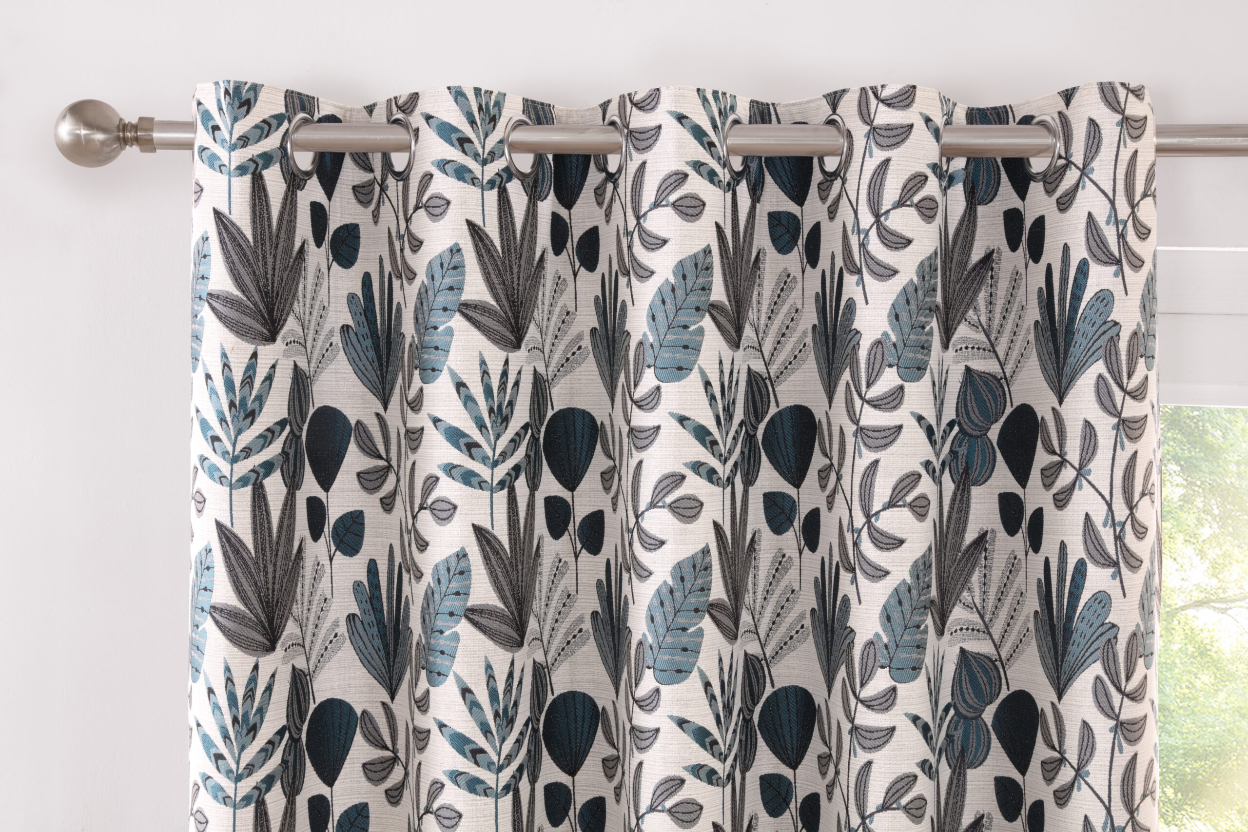 Rushmere Contemporary Woven Floral Eyelet Header Readymade Curtains - Atlantic - Image 2