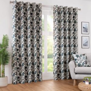 Rushmere Contemporary Woven Floral Eyelet Header Readymade Curtains - Atlantic