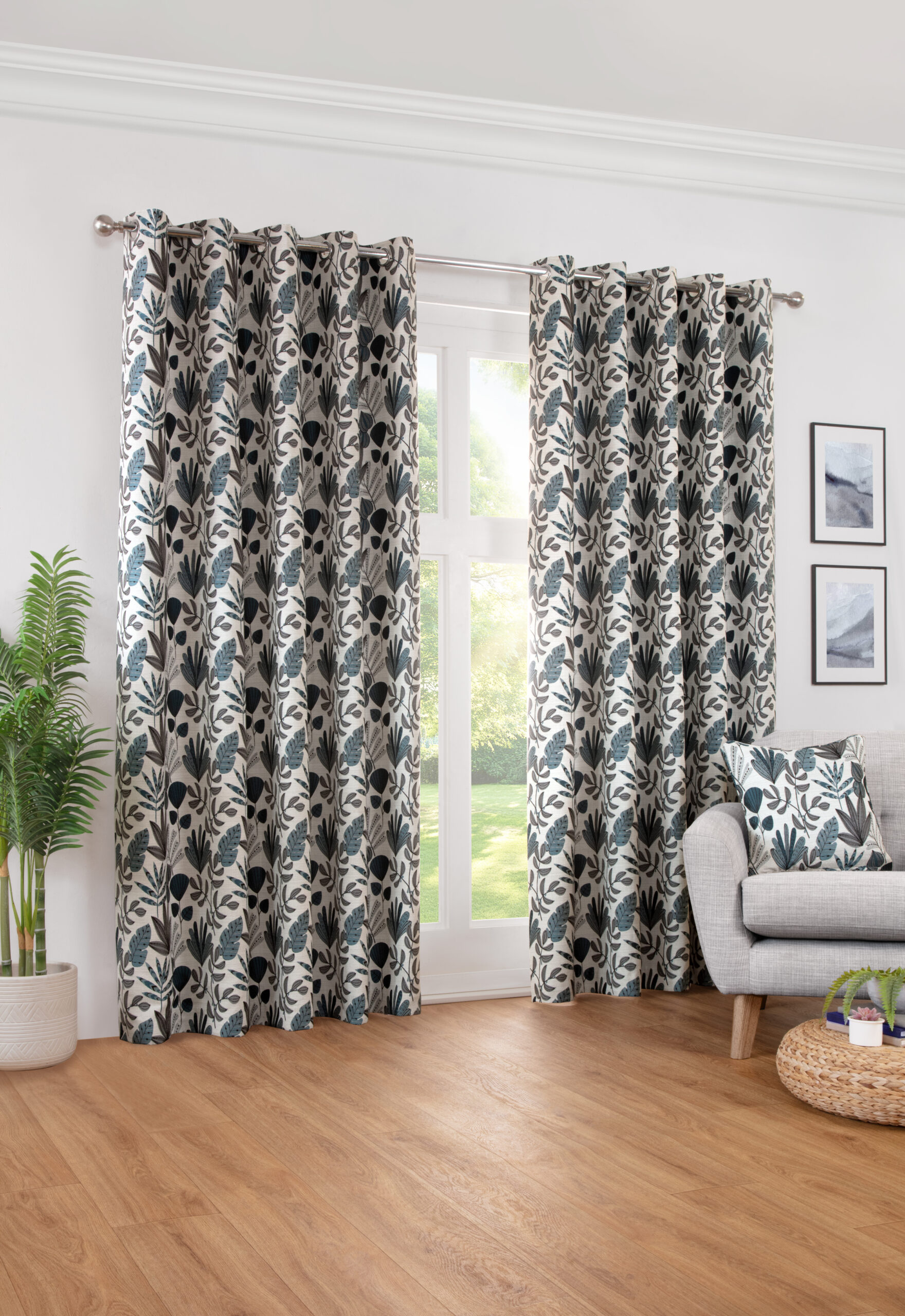 Rushmere Contemporary Woven Floral Eyelet Header Readymade Curtains - Atlantic