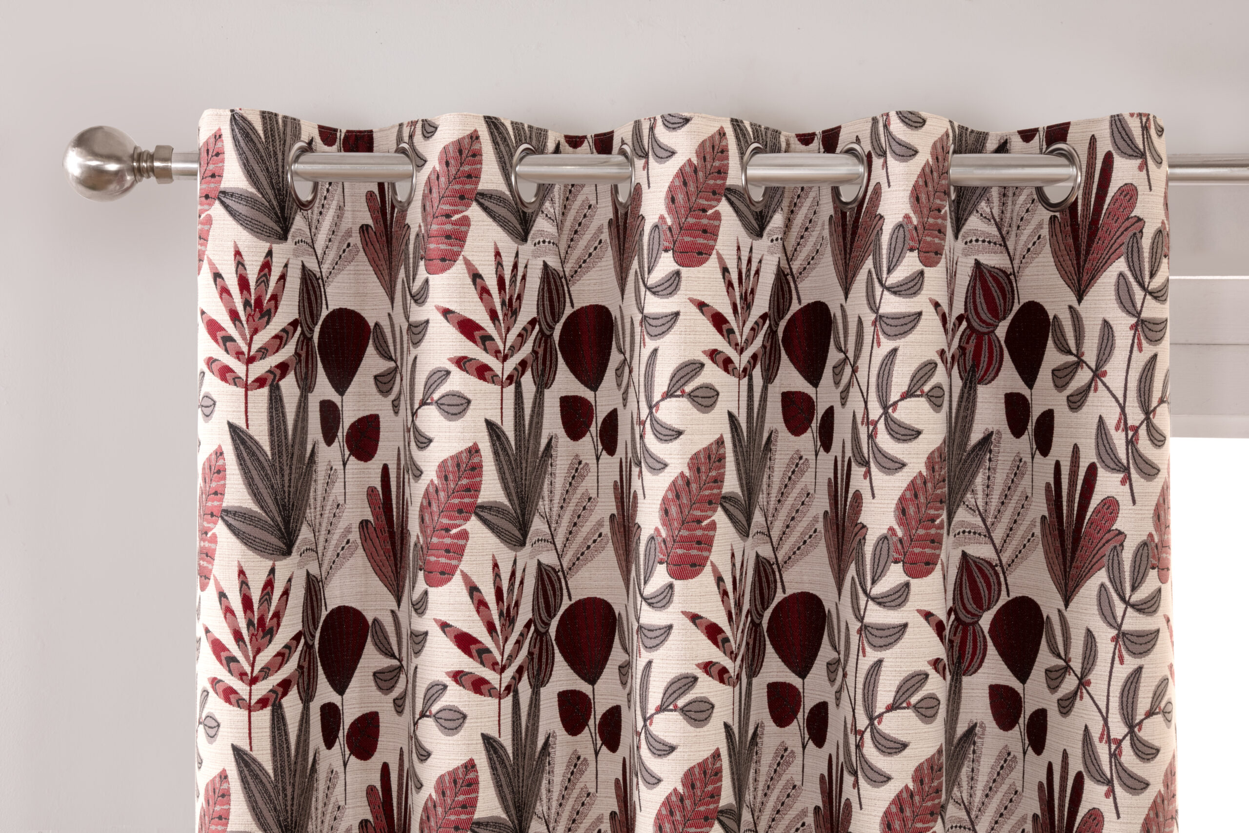 Rushmere Contemporary Woven Floral Eyelet Header Readymade Curtains - Red - Image 2