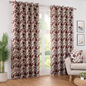 Rushmere Contemporary Woven Floral Eyelet Header Readymade Curtains - Red