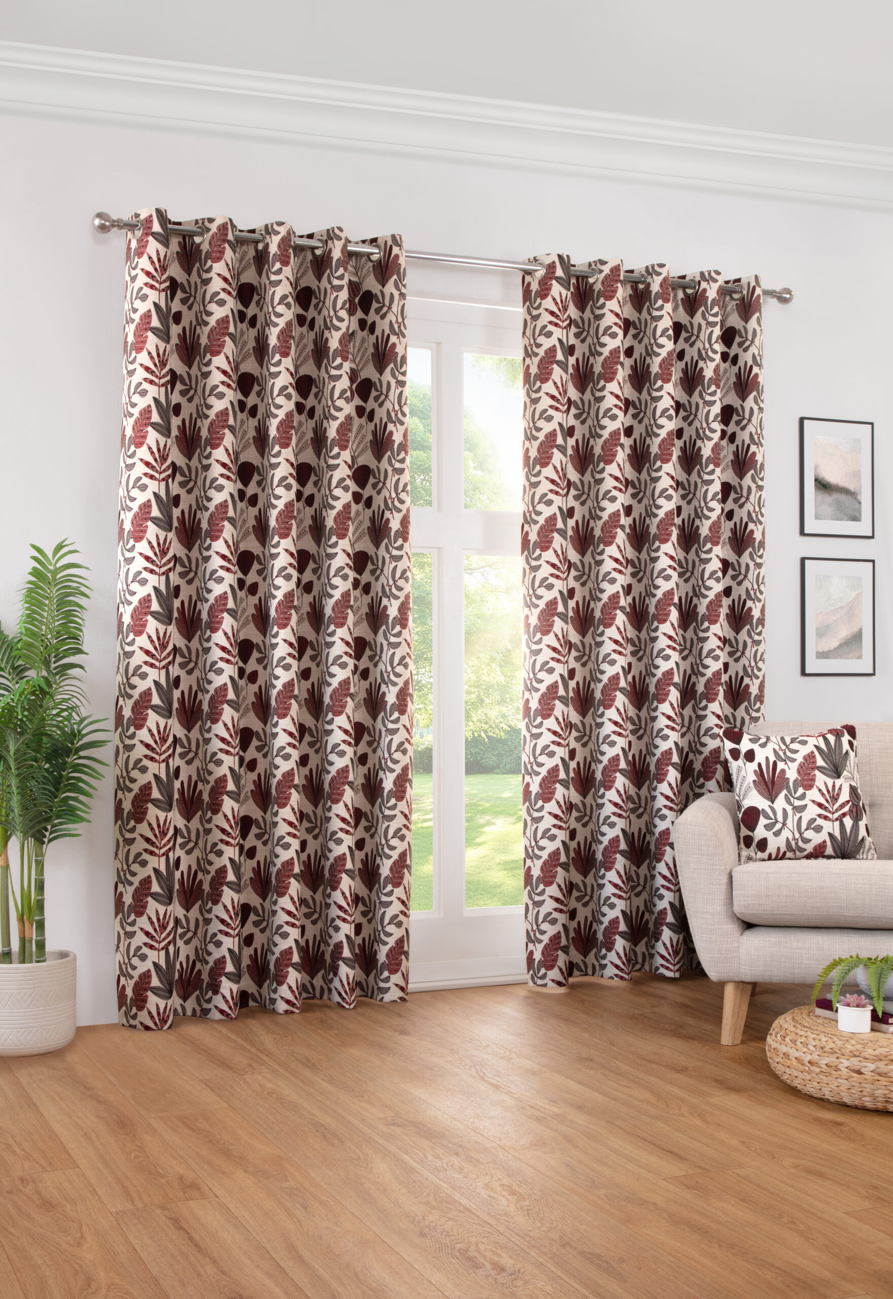 Rushmere Contemporary Woven Floral Eyelet Header Readymade Curtains - Red